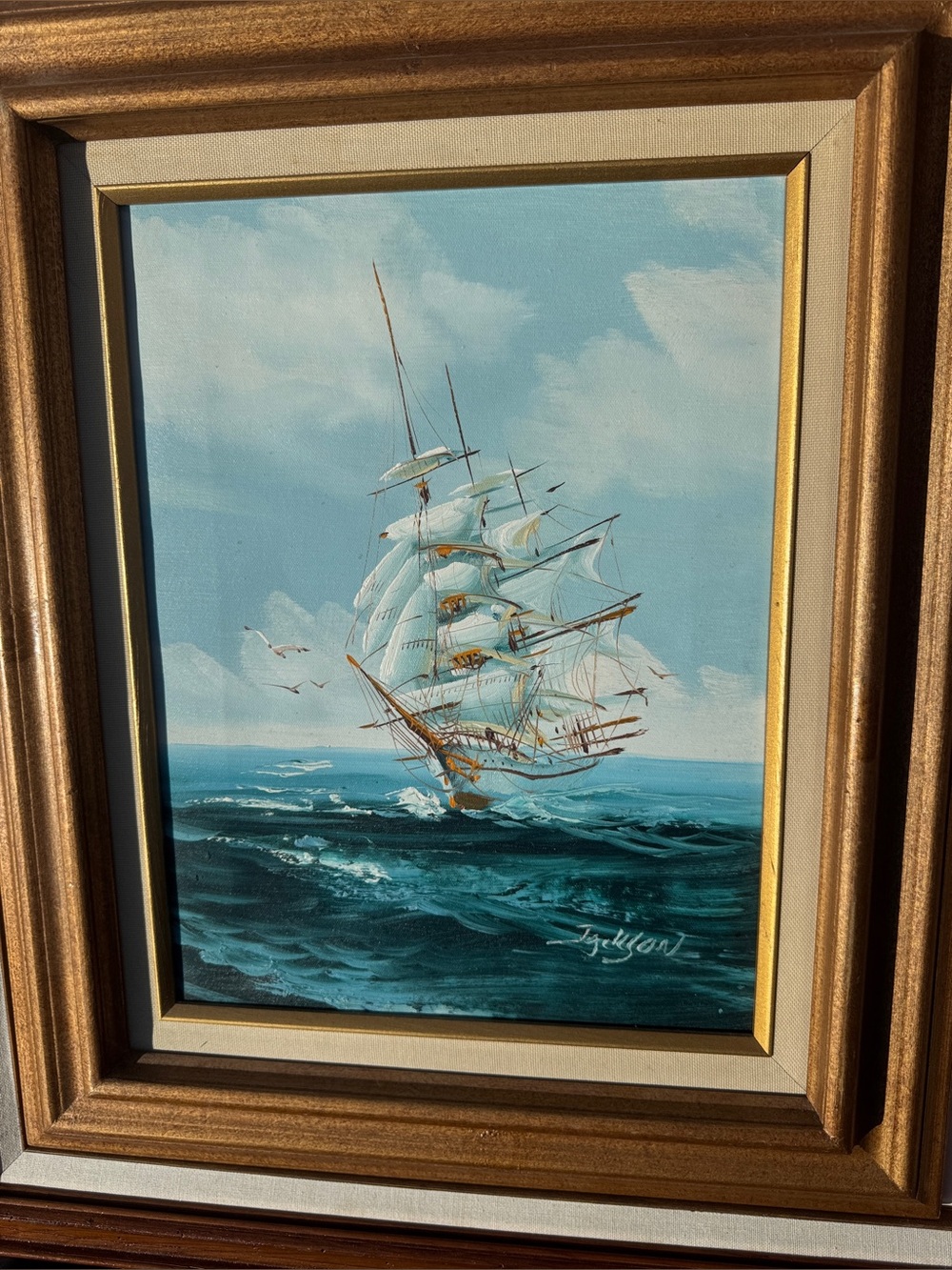 Framed Original Sailing Ship Oil Painting in Blue and White Signed Jackson 24x20